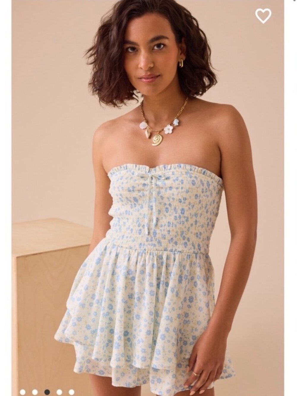 NEW Ivory Blue Flower ALTAR'D STATE Strapless Nolan Dress Romper M NWT